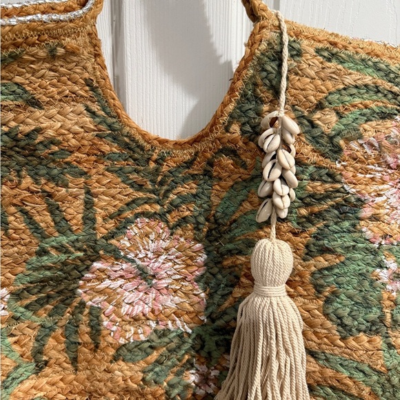 Floral Embroidered Tote Bag - Tan and Green Made in India - Picture 2 of 4